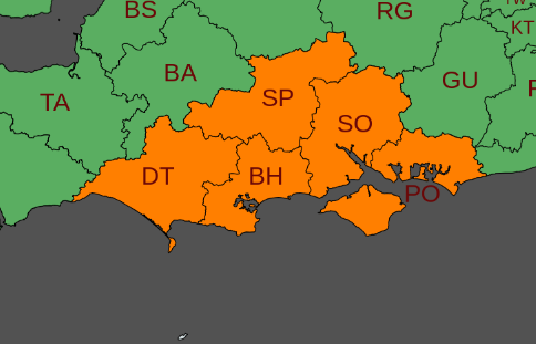 a map showing a forty mile radius centred on Bournemouth